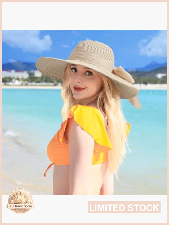 Sun Beach Straw Woven Hat Wide Brim Foldable Packable Adjustable Chin Strap UV main image 5